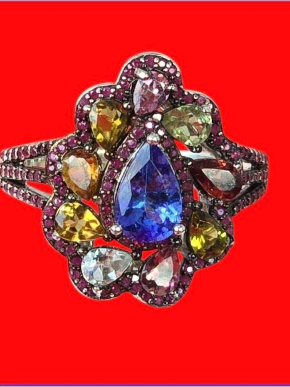 925 Sterling Silver Ring With Natural Tanzanite with Tourmaline & Ruby Gemstone